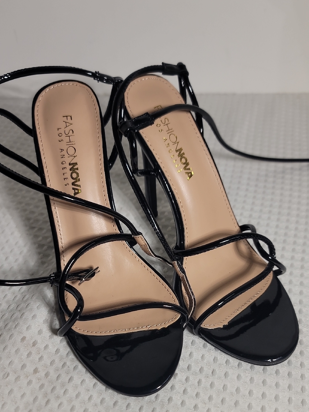 Fashion Nova Black Patent Strappy High Heel Sandals